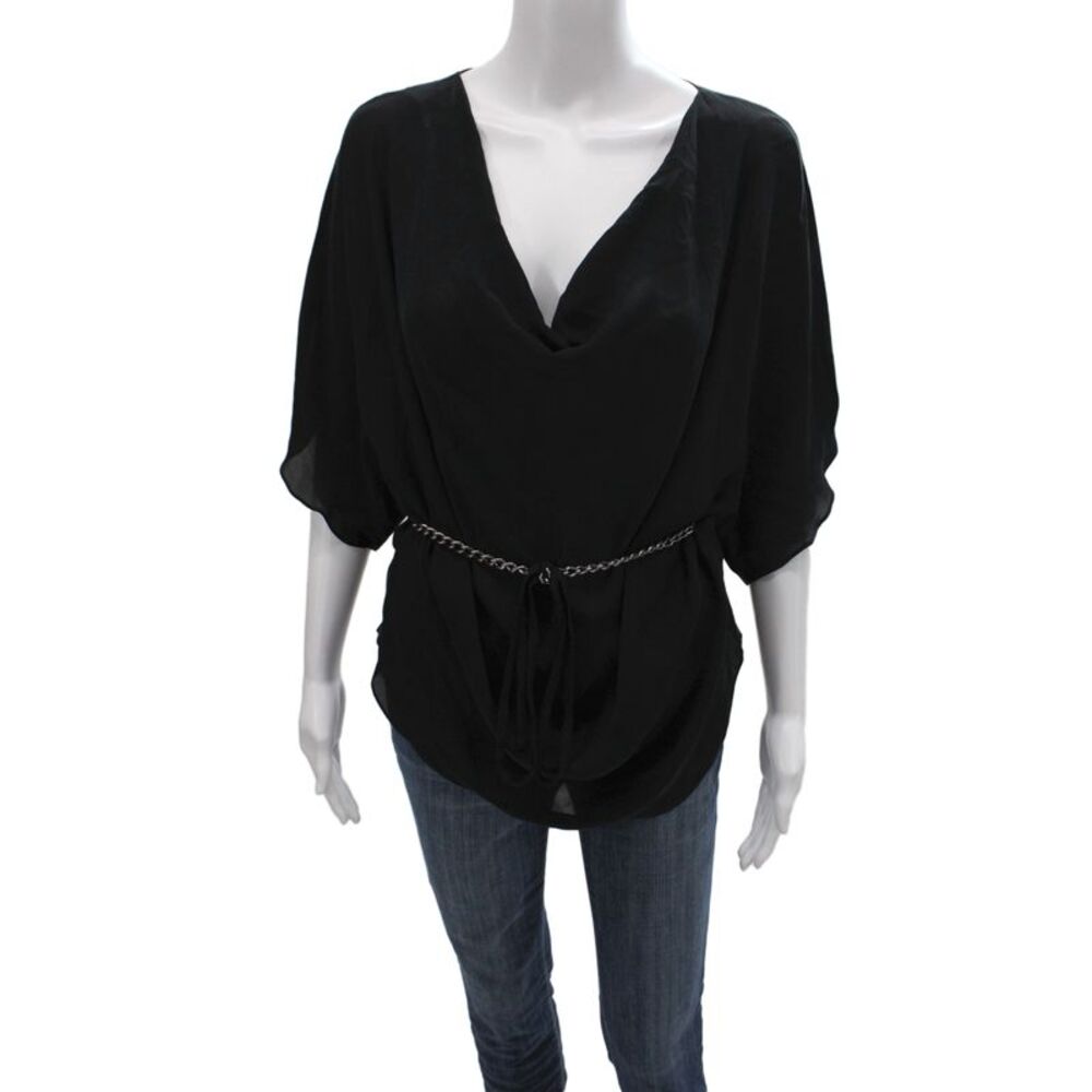 Haute Hippie Womens Silk V-Neck Short Sleeve Shirt Black Size XS